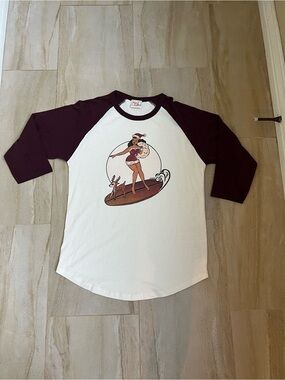Graphic Raglan Baseball Tee - White and Burgundy with a surfing Santa Girl